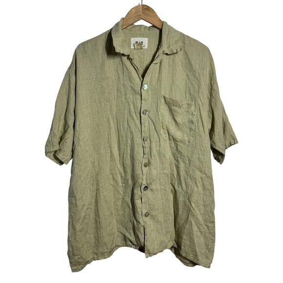 Flax Tops - Flax Linen Lagenlook Button Up Top Women L Green Coastal Minimal Casual Vacation